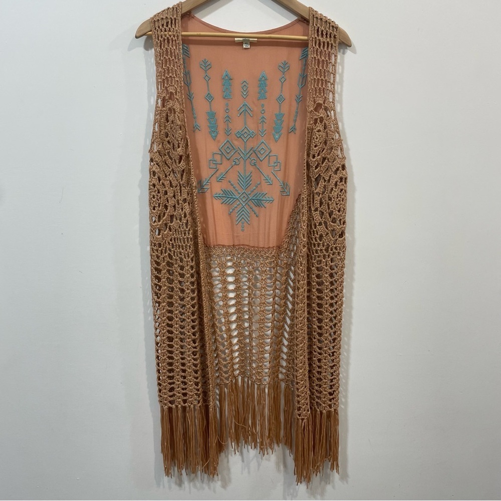 Kori America Boho Embroidered Crochet Peach Fray Western Vest Cardigan Size M/L